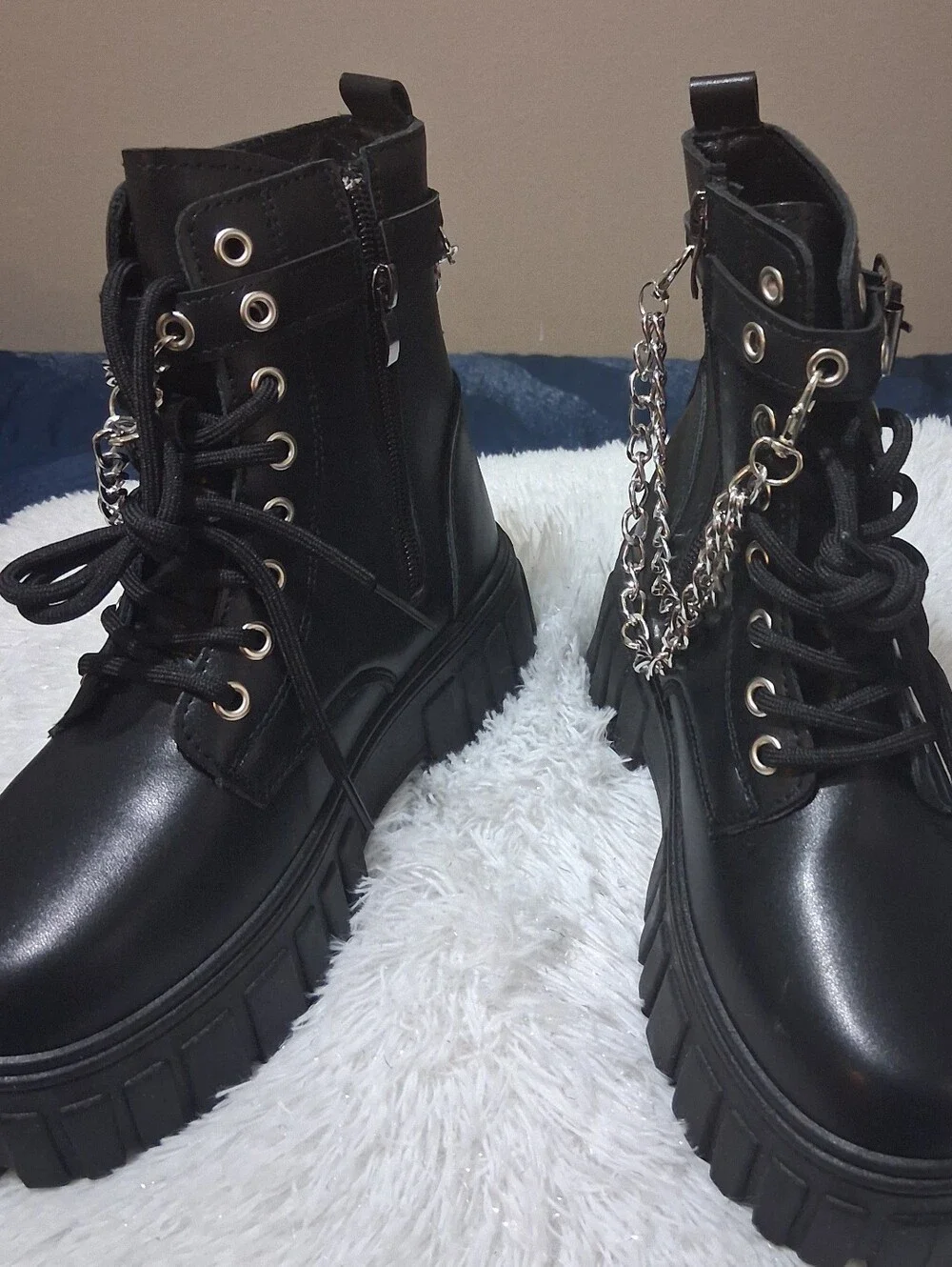 Black Kid's Platform Combat Boots with Silver Chains